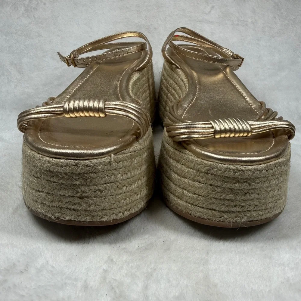 Schutz Gold Metallic Strappy Espadrille Platform Sandals Ankle Strap Flatform 8